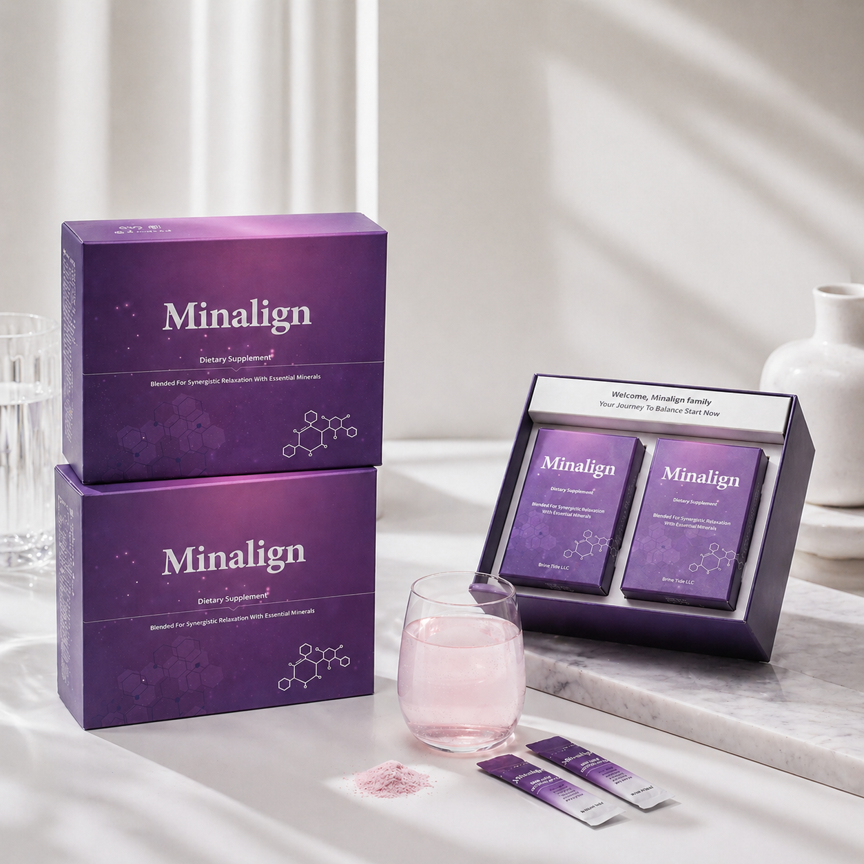 Minalign: purple box with stick packets and a glass of prepared drink